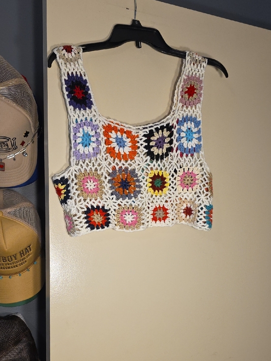 The Unbranded Brand Tops - Crochet Square Patchwork Crop Top - White with Multicolor Accents